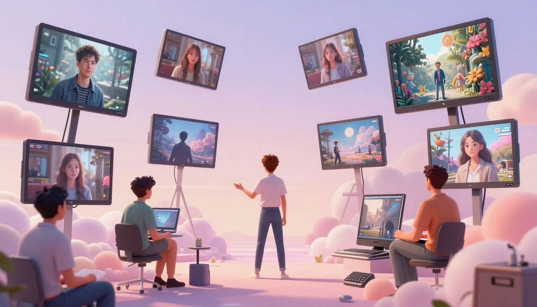 Ilustracja przedstawiająca generatywne modele AI do wideo tworzące realistyczne sceny z tekstu i obrazów