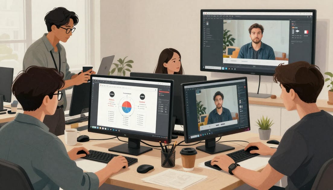 Modele AI do wideo – przykłady zastosowań w praktyce Realistyczna grafika przedstawiająca zastosowania modeli AI do wideo w marketingu, social media, edukacji i produkcji filmowej