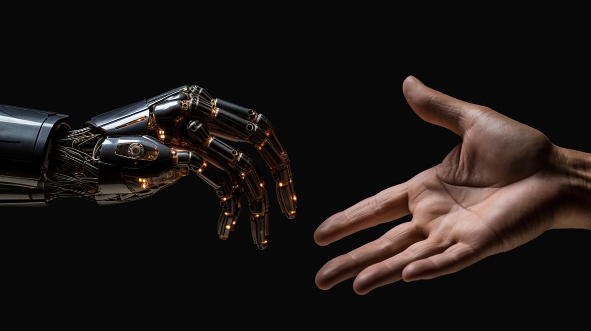 Earning with AI agents: What it is and how to get started Earning with AI agents – robot hand shaking human hand, symbolizing collaboration between humans and AI