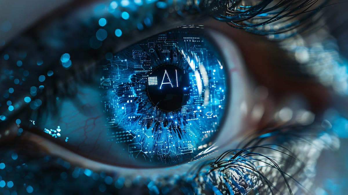 AI in the eye – symbol of AI and data analysis Retina with AI schematic reflection – symbol of artificial intelligence analysis