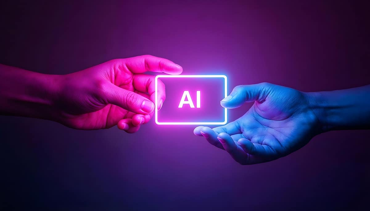 AI Prompts – hologram in hands Two hands reaching for a hologram labeled AI