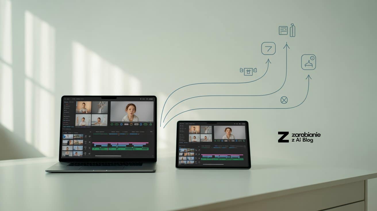 Laptop i tablet pokazujące aplikację do tworzenia i edycji wideo na biurku – AI wideo.