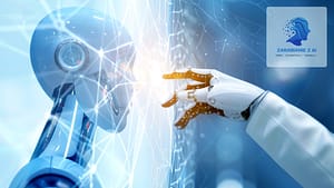 Dwie robotyczne dłonie dotykające się, symbolizujące zarabianie na sztucznej inteligencji poprzez automatyzację i nowoczesne technologie. Grafika zawiera logo zarabianiezai.pl.