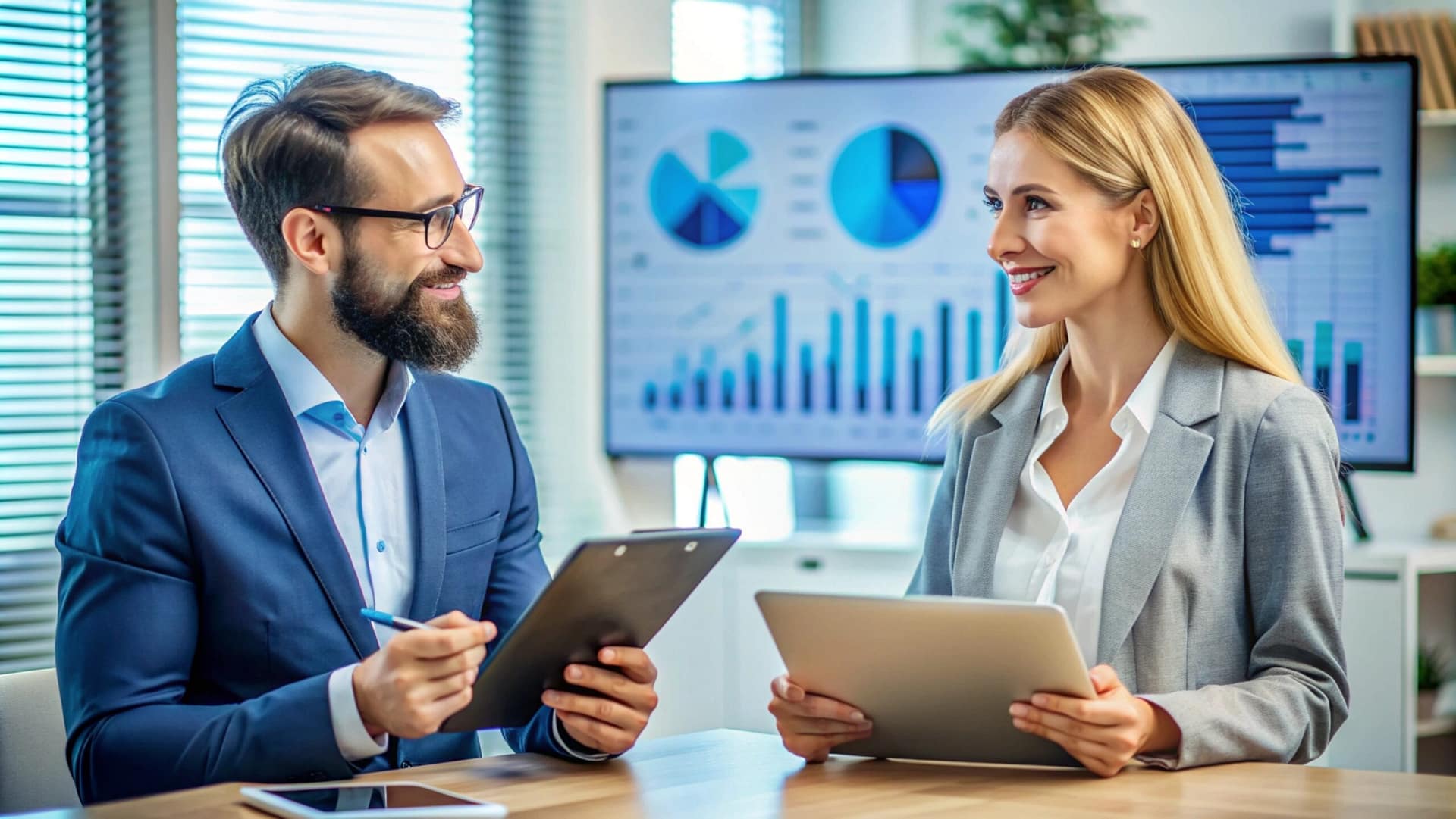 AI consulting and advisory – examples of ways to earn with AI Two people working with tablets and laptops, charts visible on screen – inspiration for ways to earn with AI