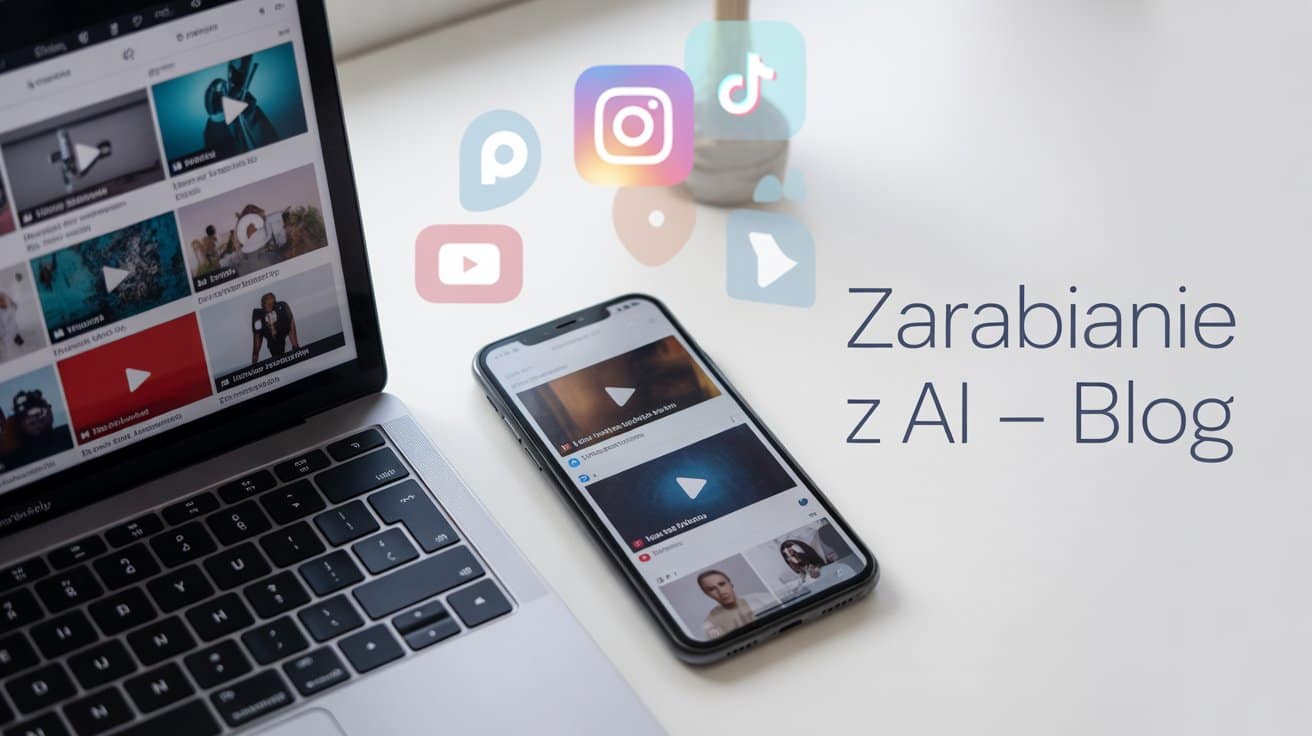 Laptop and smartphone showing AI video content with social media icons – Zarabianie z AI Blog AI video: laptop and smartphone displaying videos with social media icons – Zarabianie z AI Blog
