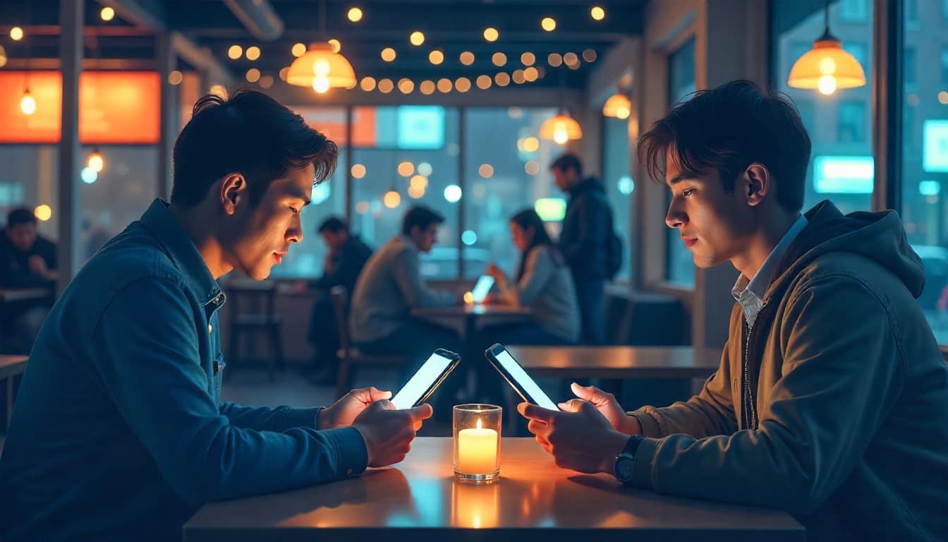 AI-generated content – two people in a cafe AI-generated content – two people sitting in a cafe using smartphones