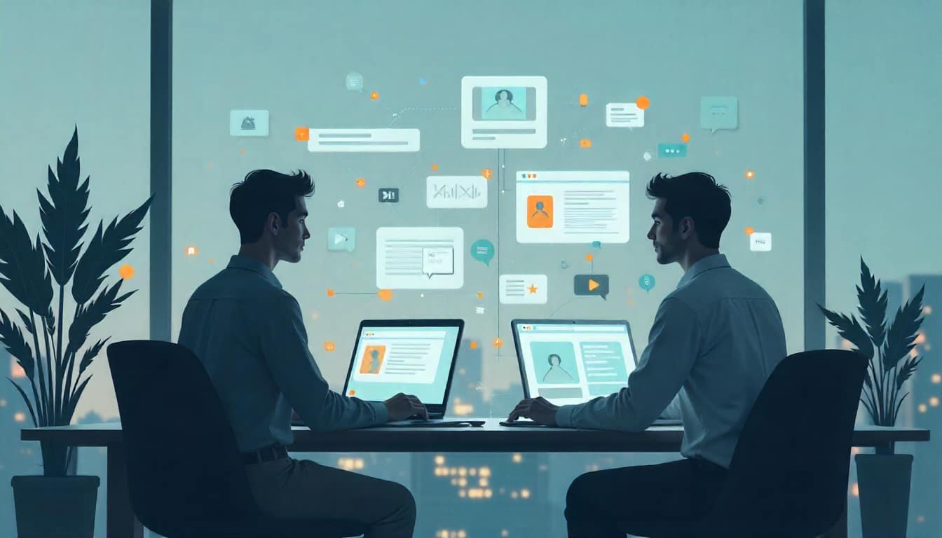 Detecting deepfakes – the battle for trust Detecting deepfakes – two people at a desk working on social media with holographic icons