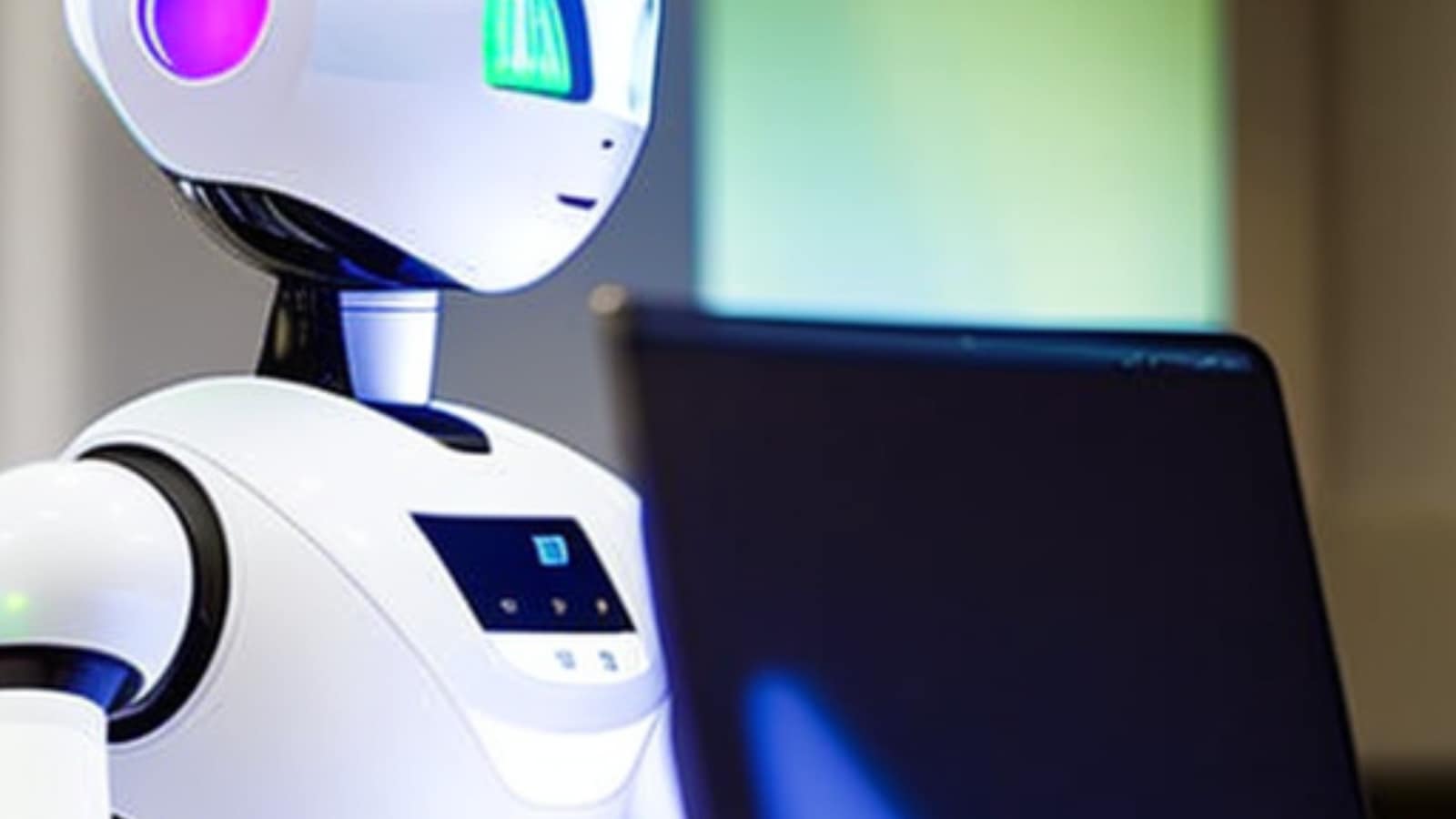 AI w e-commerce – robot przy laptopie symbolizujący automatyzację obsługi klienta