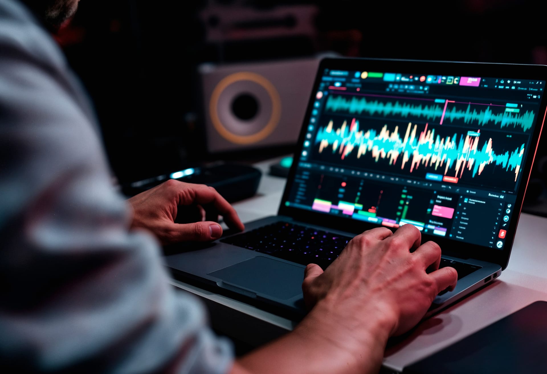 Zarabianie na podcastach AI – osoba obrabiająca dźwięk na laptopie, widoczne fale dźwięku w programie do obróbki
