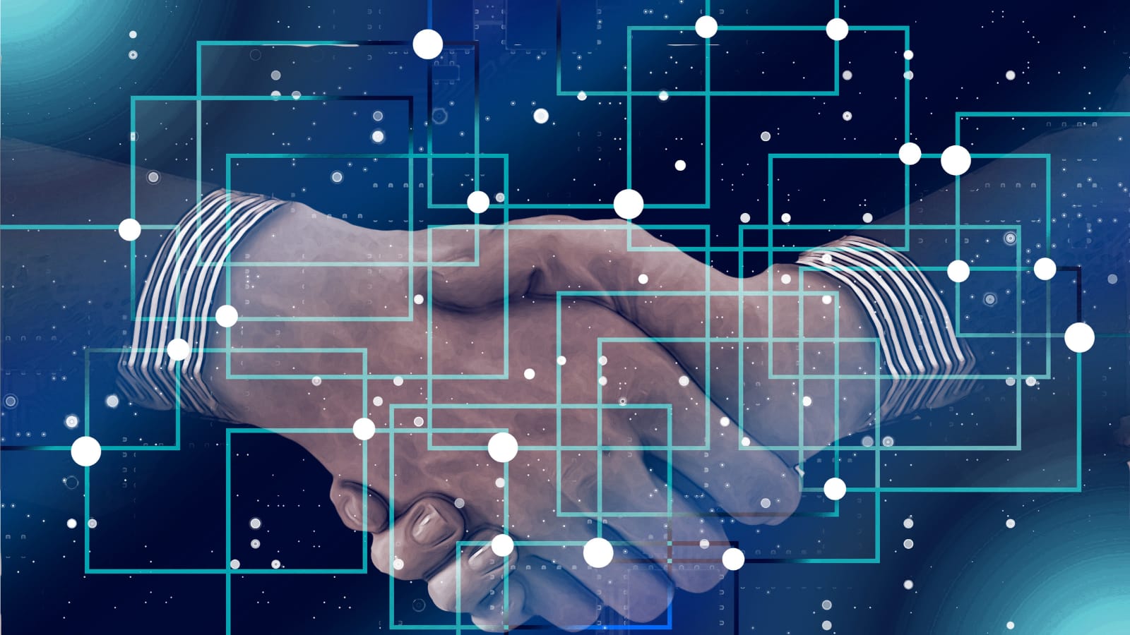 zarabianie z AI i Web3 – dłonie ściskające się na tle schematu blockchain symbolizującego decentralizację