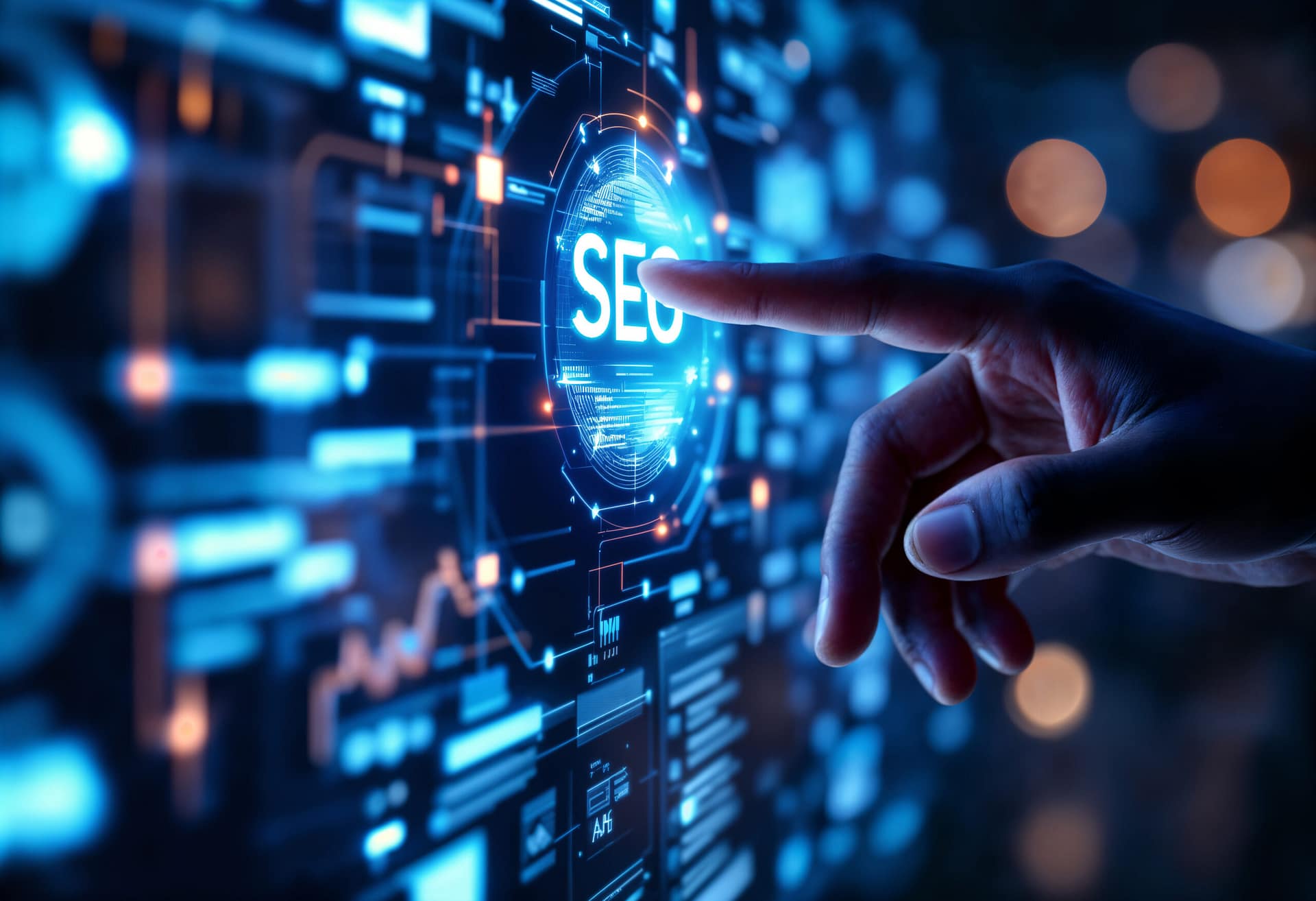 Człowiek dotyka futurystycznego ekranu z napisem SEO, symbol AI i zarabiania na blogu