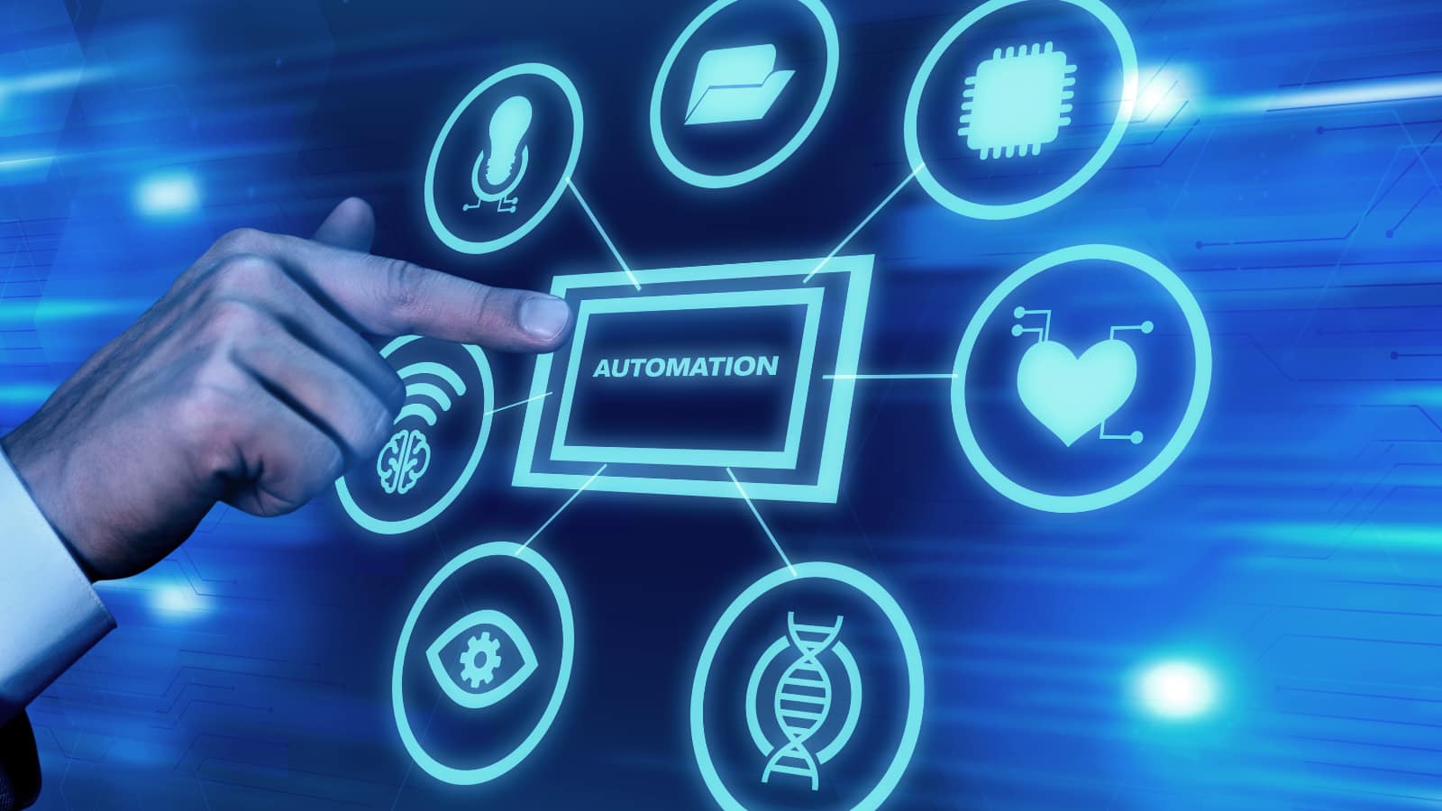 Tworzenie agenta AI – ekran z napisem Automation i ikonami reprezentującymi zautomatyzowane zadania