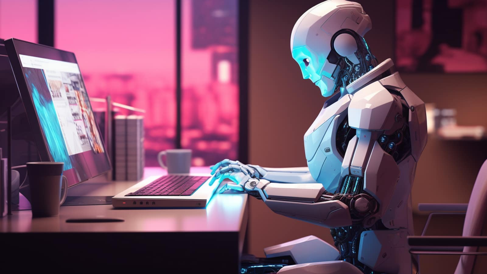 Tworzenie agenta AI – robot przy laptopie symbolizujący początek pracy nad asystentem AI