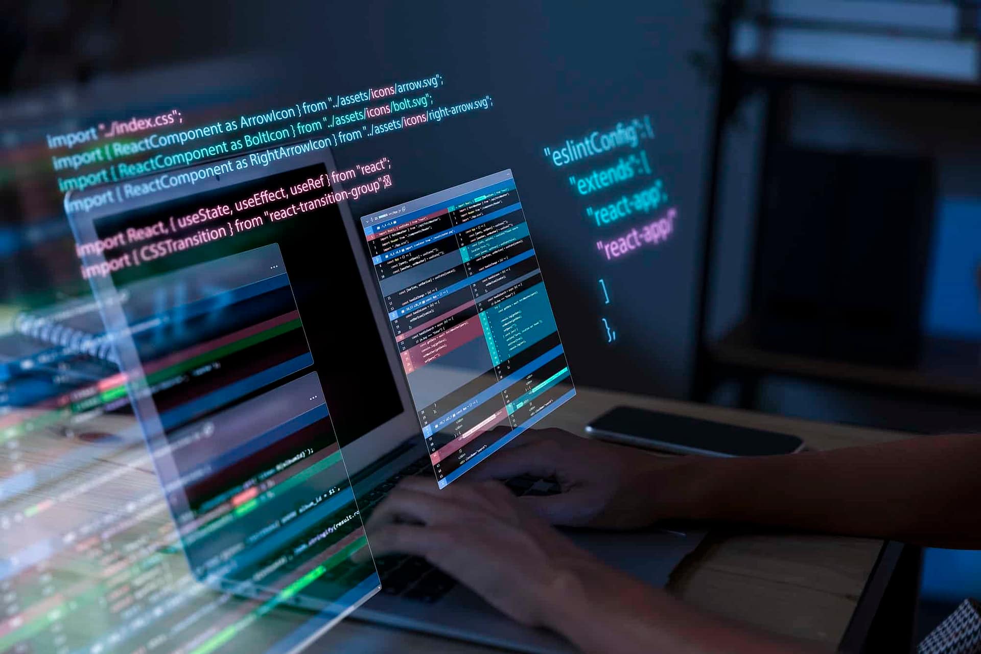 Programista piszący kod na komputerze – ilustracja pracy z AI i vibe coding