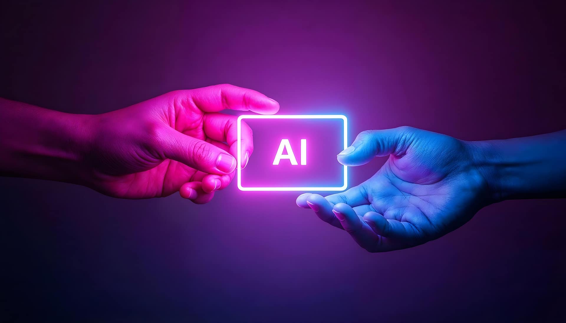 Dwie dłonie sięgające po hologram z napisem AI